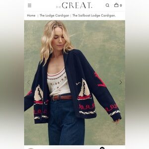 THE GREAT. Navy and Red Sailboat Cardigan